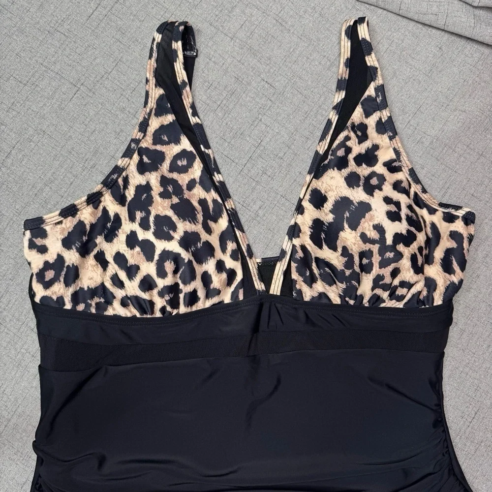 Black & Leopard Print Mesh One Piece Swimsuit Slimming Tummy Control L XL NWT - Picture 6 of 12